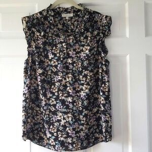 BLOUSOLOGY SLEEVELESS RUFFLE POPOVER TOP BLOUSE LARGE FLORAL FLOWY FALL BLACK